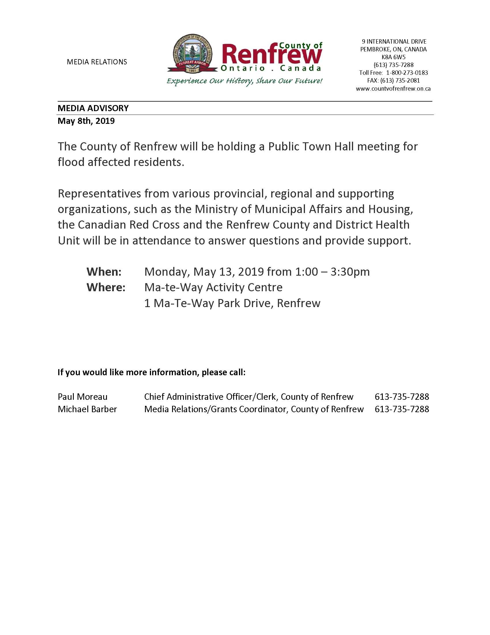 County of Renfrew Public Town Hall Meeting for Flood Affected Residents Township of McNab